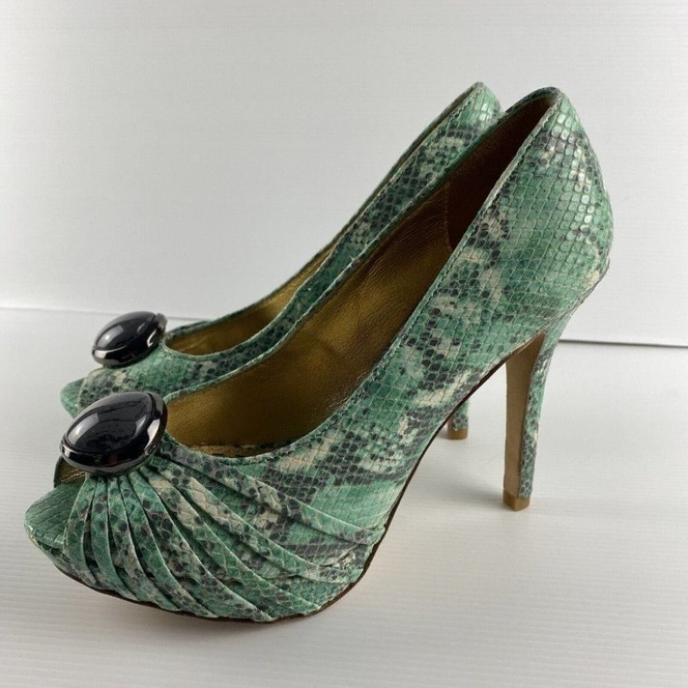 Women's Mimco Size 37 Green Reptile Print Peep Toe Stiletto High Heel Shoes - Picture 1 of 10